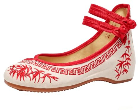 Maimeili kvinnors kinesiska broderade blommiga kilskor asiatisk traditionell Mary Jane Brida balett yoga kanvas skor gummisula, Bambu Röd, 37 EU