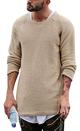 ShallGood Pull Mode Casual Homme Tricot Mince Col Rond Manches Longues Sweater Jumper Pullover Couleur Unie Hoodie Sweatshirt Classique Tricots Top Beige X-Large