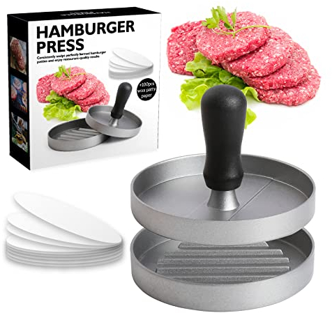 XCWTBL Presse à Burger Moule Steak Haché en Aluminium Revêtement Antiadhésif + 100 Feuilles De Papier Sulfurisé, Ustensiles Cuisine pour Faire Délicieux Hamburgers, Galettes Et Barbecues, Argent