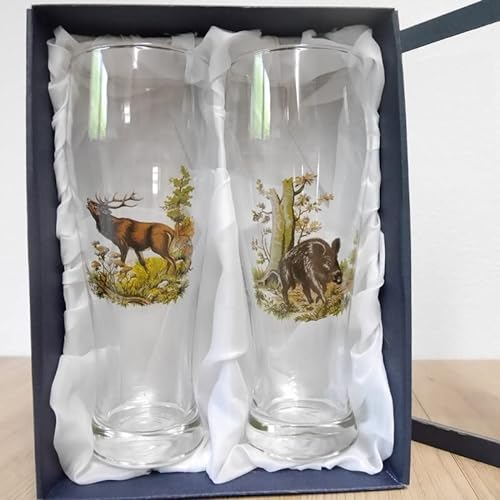 Generisch Lot de 2 verres à blé avec motif coloré sanglier et cerf dans un coffret cadeau