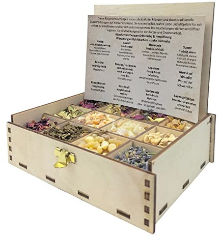Röklåda presentförpackning med 12 sorter rökblandningar självkärlek och hjärtöppning, 14 x 10 x 4 cm