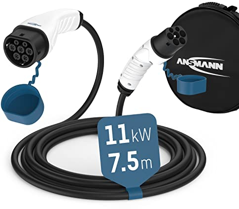 Ansmann Ladekabel Typ 2 mit 11 kW für Hybrid- & Elektroauto / Typ2 Auto-Ladekabel 7,5 Meter, 3 phasig, kompatibel für E-Autos & Hybridautos, wie Tesla Model 3, e-Up, ID.3, ID.4, Zoe, EQ fortwo