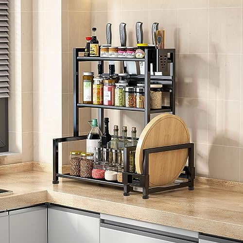 devesanter Estantería para especias de pie, 3 niveles, gran capacidad, para cocina, organizador de metal para encimera, con soporte para utensilios de cocina, con 6 ganchos, color negro