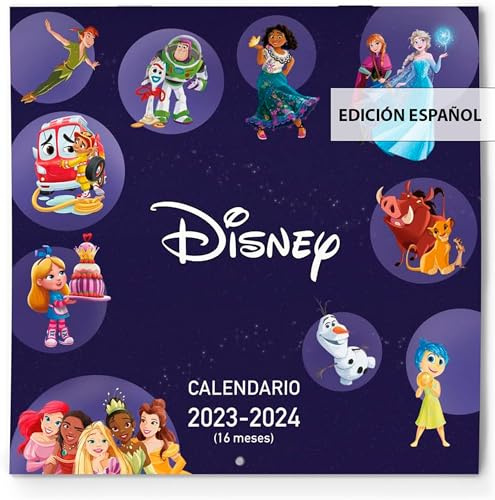 Calendrier mural 2024 pour enfants avec illustrations de la Reine des neiges, du Roi Lion et d'autres personnages Disney - 16 mois 30 x 30 cm - Comprend une affiche élémentaire et plus de 250