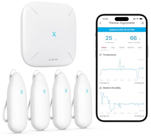 X-Sense WiFi Hygrometer Thermometer 4 Pack+ Base Station SBS50, Smart Temperature Monitor Wireless, Mini Humidity Sensor with Notification Alert, Free Data Storage Export, Compatible with Alexa