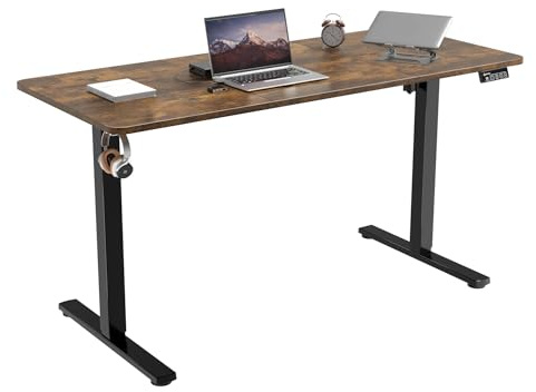 ERGOMAKER Standing Desk 140x60cm, Height Adjustable Desk with Memory Function, Splice Board, Hooks - Home Office Workstation (Black Frame + Black Rustic Brown)