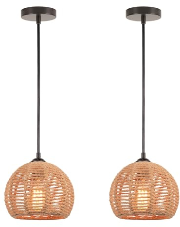LIGKIN Lot de 2 Suspension Luminaire Rotin Vintage Boho E27 Lustre Rétro Abat-jour Cage en Métal et Corde de Chanvre Lampe Suspendue pour Salon Chambre Cuisine, Ø20cm