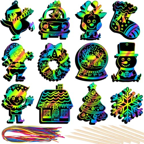 RICEDUO Christmas Scratch Crafts Art for Kids, 48 Pieces Rainbow Scratch Paper Art With Wooden Sticks, Ornaments for Kids Party Favors Supplies