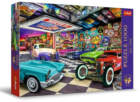 Trefl Premium Plus Quality - Puzzle Tea Time : Garage du Collectionneur de Voitures - 1000 pièces, Série d'Images Nostalgiques Peintes, pour Adultes et Enfants à partir de 12 Ans
