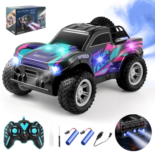 Voiture Radiocommandée Tout Terrain avec Spray, Lumières et Effets Sonores, 2.4 Ghz Camion Radiocommandé à Grande Vitesse, Jouets Garçons 6-12