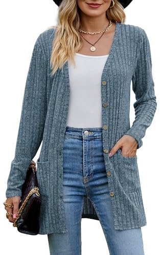 MYCOLORBLUE Alte Zeiten Strickjacken für Damen Elegant Gerippt Cardigan Langarm Knopfleiste mit Taschen Strickcardigan Blau L