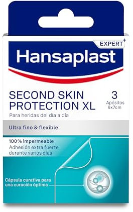Hansaplast Second Skin Protection XL, Cerotti impermeabili per un'adesione fino a 72 ore, Cerotti cicatrizzanti con capsula curativa, Sottili e 2x più flessibili, 3 cerotti grandi da 6 x 7 cm