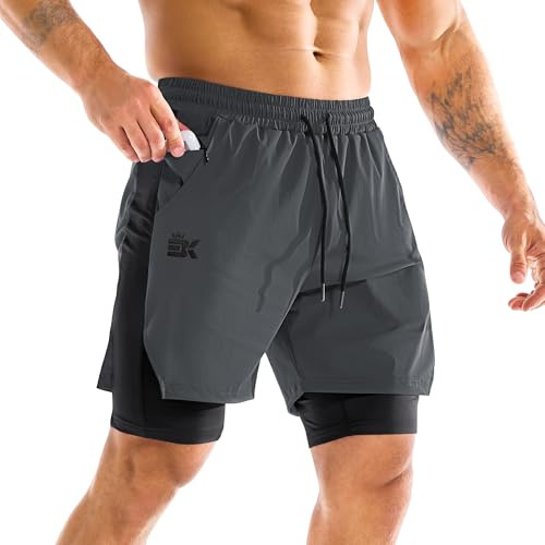 BROKIG Men's 2 in 1 Gym Shorts Running Sport Training Tennis S Dark Grey