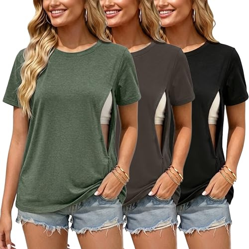 Love2Mi Lot de 3 t-shirts d'allaitement avec fermeture éclair cachée, accès discret à l'allaitement, tissu confortable, coupe ample, fermeture éclair à une main, style polyvalent pour femmes enceintes