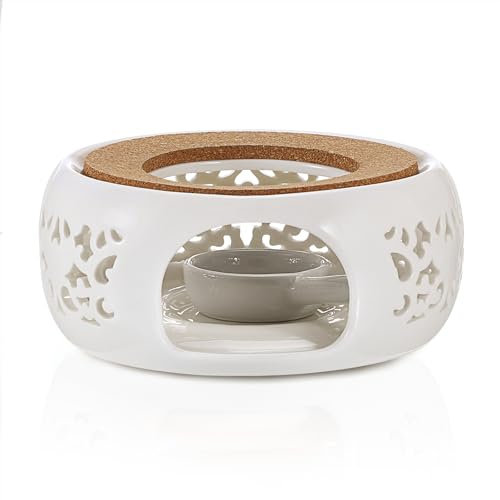 BSTKEY Ceramic Teapot Warmer with Tealight Holder and Cork Cushion, White Decorative Tea Coffee Milk Heating Warmer Teapot Heater Tealight Burner for Teapot (Flower Pattern)