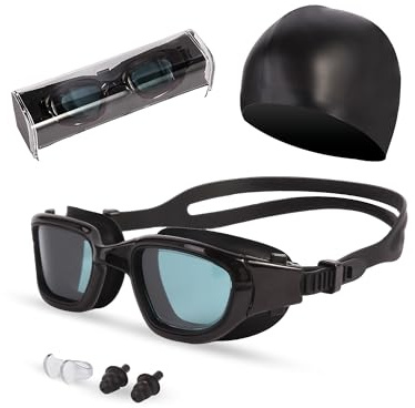Hurdilen Swim Goggles for Adult, UV Protection and Anti-Fog Lens Swimming Goggles with Swim Cap, Nose Clip & Ear Plugs (Clear & Black)