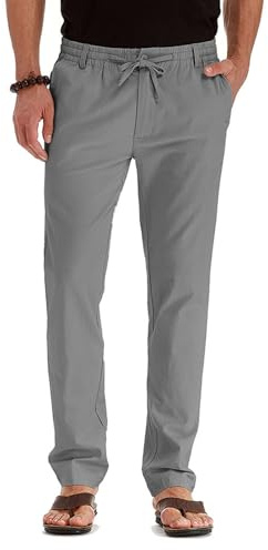 Pantalones de Lino para Hombre Pantalones Verano Color sólido Ligero algodón Pantalone con Bolsillos y Cordón Gris L