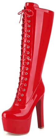 Rosso,45,Stivali Alti al Ginocchio con Plateau da Donna, Sexy Stivali Lunghi con Tacco Alto, Punta Chiusa, Lacci Anteriori in Pelle Verniciata e Cerniera Laterale
