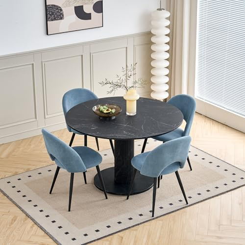 DEYARNA HOME 115 cm runt matbord med 4 matbordsstolar, köksbord av MDF (Marmor-imitationsutseende) och 4 vadderade stolar för kök, matsal, vardagsrum (svart bord + blå stolar)