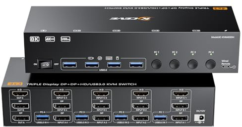 KVM Switch 3 Monitores 4 PC, 2 DisplayPort + 1 HDMI Conmutador KVM USB 3.0, compatible con 4K@60Hz para 3 ordenadores que comparten 2 monitores DP, teclado y ratón
