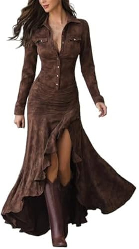 Dam vintage västerländsk cowboy klänning mocka bodycon-klänning med knapp nedfällbar krage land festklänningar asymmetrisk fåll damer cowgirl retro cosplay kläder sidoslits semesterklänningar