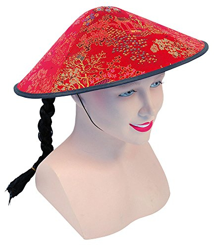 Bristol Novelty- Chinese Hat Chapeau Chinois Style Coolie (Tissu Tresse), Unisex Adult, BH441, Rouge, Noir, Taille Unique Halloween