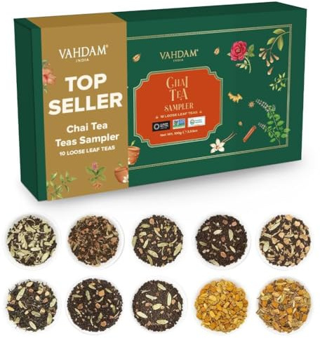VAHDAM, Coffret Cadeau de Thé Chai Assortiment - (10 Saveurs) Coffret d'Infusions de Thé avec 10 Mélanges de Masala Chai Indiens | Assortiment Cadeau de Thé pour Femmes et Hommes