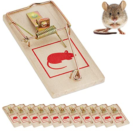 Relaxdays 120 x Mausefalle, Klassische Mäusefallen, wiederverwendbar, giftfrei, Schlagfalle, Metallbügel, Rattenfalle, Holz, Natur
