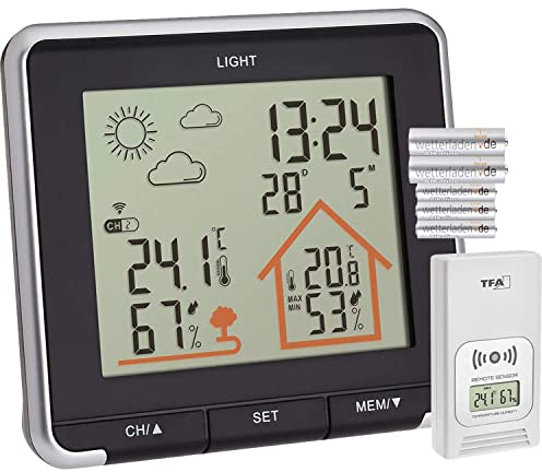 TFA Dostmann Wetterstation Funk Life, digitale Funkwetterstation, Luftfeuchtigkeit, Temperatur, mit Hintergrundbeleuchtung, Wettersymbole, L 138 x B 28 (67) x H 125 mm, schwarz mit Batterien