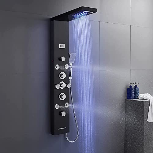 POPFLY 6 In 1 LED Shower Panel Tower System, 8 Body Massage Jets, 304 Stainless Steel Wall Mount Rainfall ＆ Waterfall Shower Column Towers with Temperature Display, Tub Spout, Black