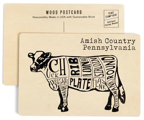 Amish Country, Pennsylvania, Butchers Block Meat Cuts, Black Cow on White Press (4x6 Birch Wood Postcards, 2-Pack Stationary, Rustic Home Wall Decor)