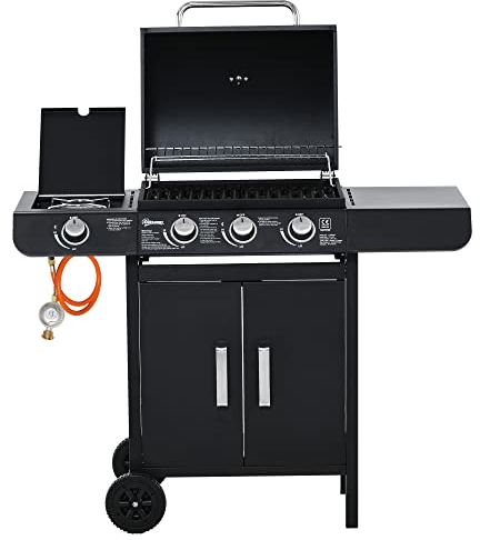 Outsunny Gasgrill 11,6 KW Grillwagen inkl 4 Edelstahl-Brenner Thermometer Kochplatte Flaschenöffner Seitenablagen,BBQ Gartengrill für Balkon 110 x 50 x 100 cm