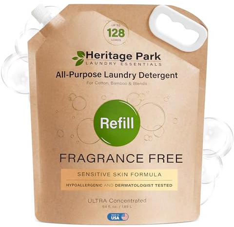 Heritage Park All-Purpose Fragrance Free, Hypoallergenic, pH-Neutral Laundry Detergent - Dermatologist-tested, Sensitive Skin-Friendly, Stain-Fighting Enzymes, 3x Concentrated (64 fl oz Refill Pouch)