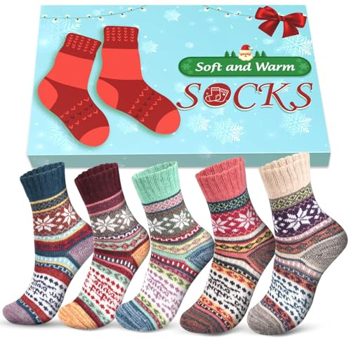 Christmas Gifts for Women Thermal Socks, 5 PCS Winter Warm Ladies Sock 4-7, Xmas Presents for Mum Daughter Grandma Nanny Teenage Girls Sister, Secret Santa Gift for Her Wife Womens Stocking Fillers