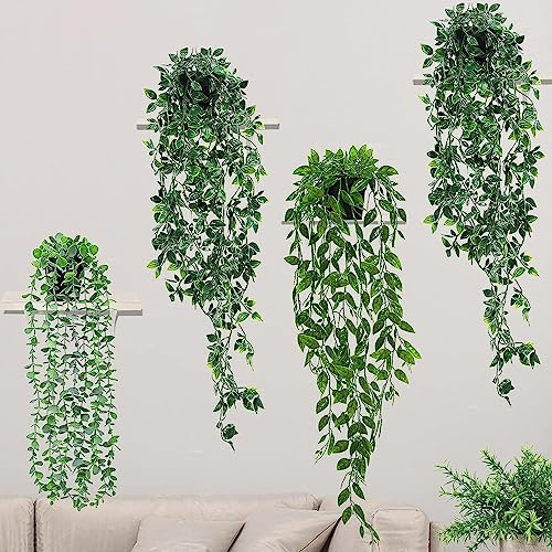 Lighterday Set of 4 Artificial Hanging Plants Fake Plants with Pots Artificial Vines Plants Indoor Outdoor for Wall Home Kitchen Garden Office Decoration
