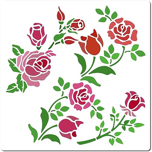 GORGECRAFT Stencil Fiori di Rosa 18x18cm Bocciolo Floreale Ramo di Vite Foglie Motivo Modelli Riutilizzabili Quadrati Plastica Pittura Stencil Segno per Notebook Scrapbooking Carta Decorazione