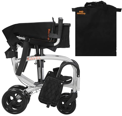 MobiQuip Lightweight Travel Wheelchair, 8kg - Silver Aluminium Compact Folding Frame with Travel Bag - Attendant-Propelled Mobility Wheelchair - with Flip-Up Armrests, Adjustable Leg Rests & Lap Belt