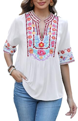 Seasonal Ucrania - Blusa de verano para mujer, túnica, bordada, folclórica, top bohemio, hippie, manga corta, top suelto, 799-blanco, XL