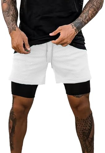 XDSP Pantaloncini Sportivi da Uomo, 2 in 1 Sport e Allenamento Fitness Shorts Jogging, Pantaloncini Asciugatura Veloce (IT, Testo, M, Nero+Bianco)