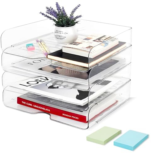 4 Stück Dokumentenablage A4 Transparent, Briefablage Stapelbar mit 2 Haftnotizen, Acryl PET Ablagefächer Schreibtisch Papierablage Ablagekorb Briefkorb für Zeitschriften Papier Brief Bürobedarf