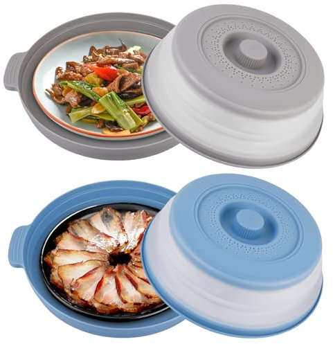 2 Stück Faltbare Mikrowellen Abdeckung, Abdeckhaube Mikrowelle Hoch Mikrowellen Spritzschutz, Deckel Für Mikrowelle Bpa-Frei, Faltbare Mikrowellenabdeckung, Für Obst, Gemüse (Grau, Blau)