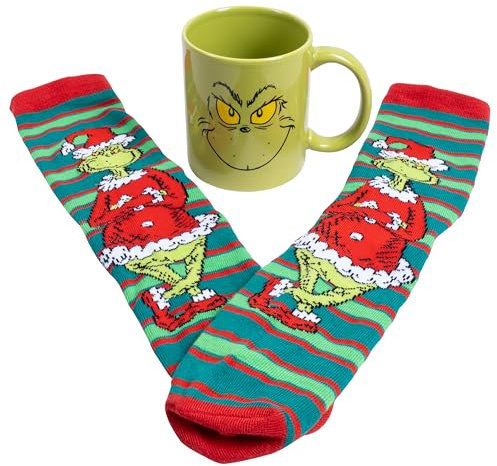 Fizz Creations Juego de taza y calcetines de The Grinch. Calcetines de Navidad y taza de cerámica con el Dr. Seuss's The Grinch. Relleno de calcetines.
