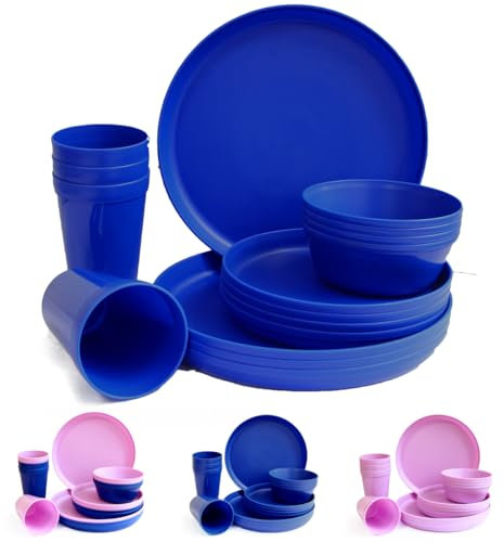 Fingey Plastic Dinnerware Set of 16 Pieces, Reusable Light Weight Plates Mugs Bowls Dishes Microwave Safe BPA Free Dishwasher Safe Service for 4 (Blue)