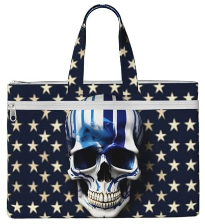 SDEGTHO Blue Stripe Stars Skull Zippered Document Bag With Handle For Carrying Paper Files Books Filing Folder