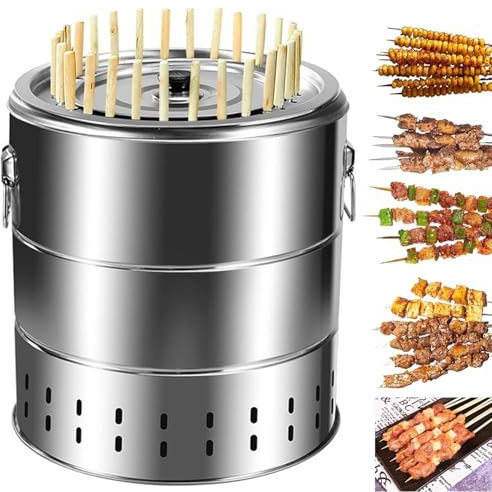 Baril de Charbon de Bois Portable pour Barbecue sans fumée, Gril à brochettes en Acier Inoxydable avec 28 brochettes et Grille de Cuisson pour Barbecue, diamètre 15,4 Pouces