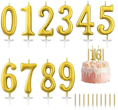 20 Stück Gold Geburtstagskerzen,10 Stück Geburtstag Kuchen Zahl Kerzen Nummer 0-9 und 10 Stück Spirale Kuche,für Geburtstag Hochzeit Party Kuchen Dekorationen