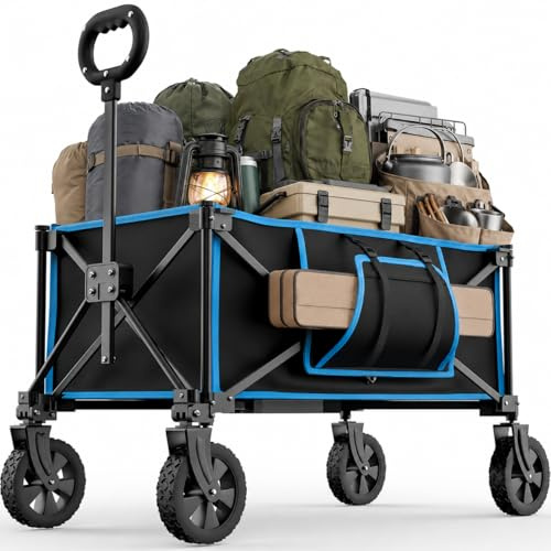 140L Camping Trolley on Wheels – Folding Wagon & Portable Beach Trolley Cart with Adjustable Handle, All-Terrain Smooth Wheels, 100kg Load Capacity for Garden, Picnic, Shopping, Fishing, Moving