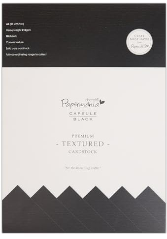 Papermania Premium texturerad kartong, 20 ark, svart A4 (21 x 29,7 cm), 216 gsm, duk för korttillverkning och hantverksprojekt, klippbokstillbehör, konst- och hantverksmaterial