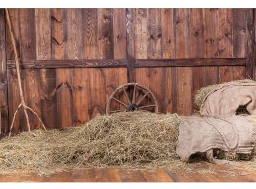 YongFoto 3x2m Vinyle Toile de Fond Ancien Hayloft en Bois intérieur Coin du Conseil de Foin Vieille Roue Fond Décors Studio Photo Video Fete Photobooth Photographie Props
