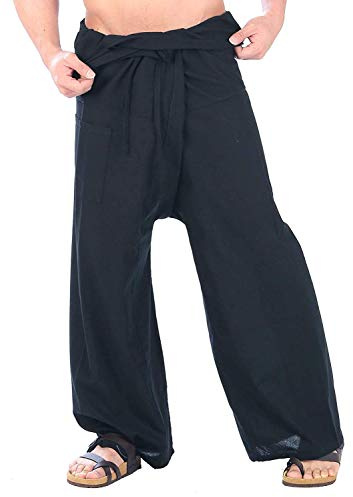 Whitewhale Mens Lightweight Cotton Thai Fisherman Pants Summer Hippie Yoga Pants Black